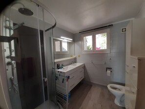 シャワー、ヘアドライヤー、トイレットペーパー
