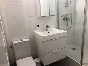 Shower, hair dryer, towels, soap