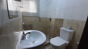 Une salle de bain avec un lavabo, des toilettes et une douche.