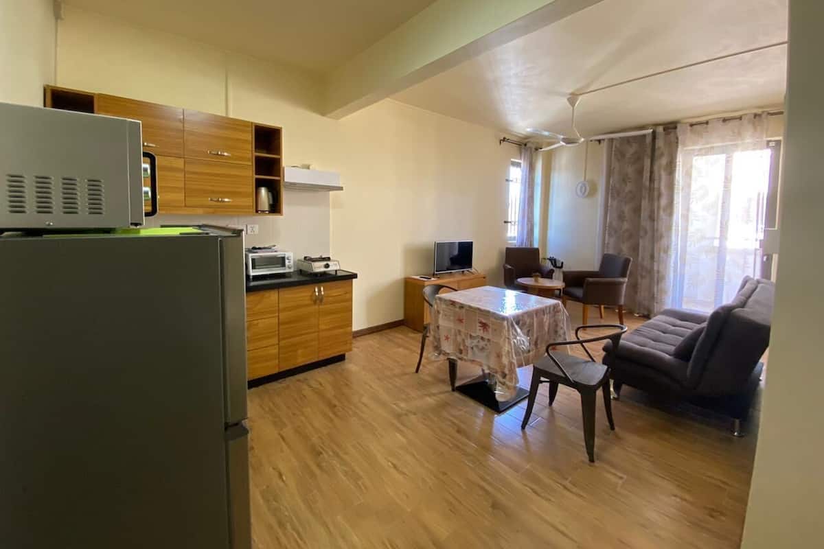 A compact living space with a kitchenette, a dining area, and a seating area with a sofa and chairs.