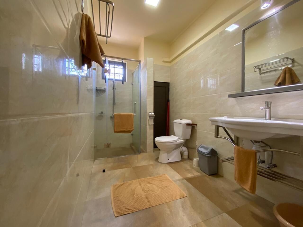 A bathroom with a glass shower enclosure, a toilet, a sink with a mirror, and a towel rack.