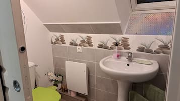 A bathroom with a toilet, sink, and decorative tiles.