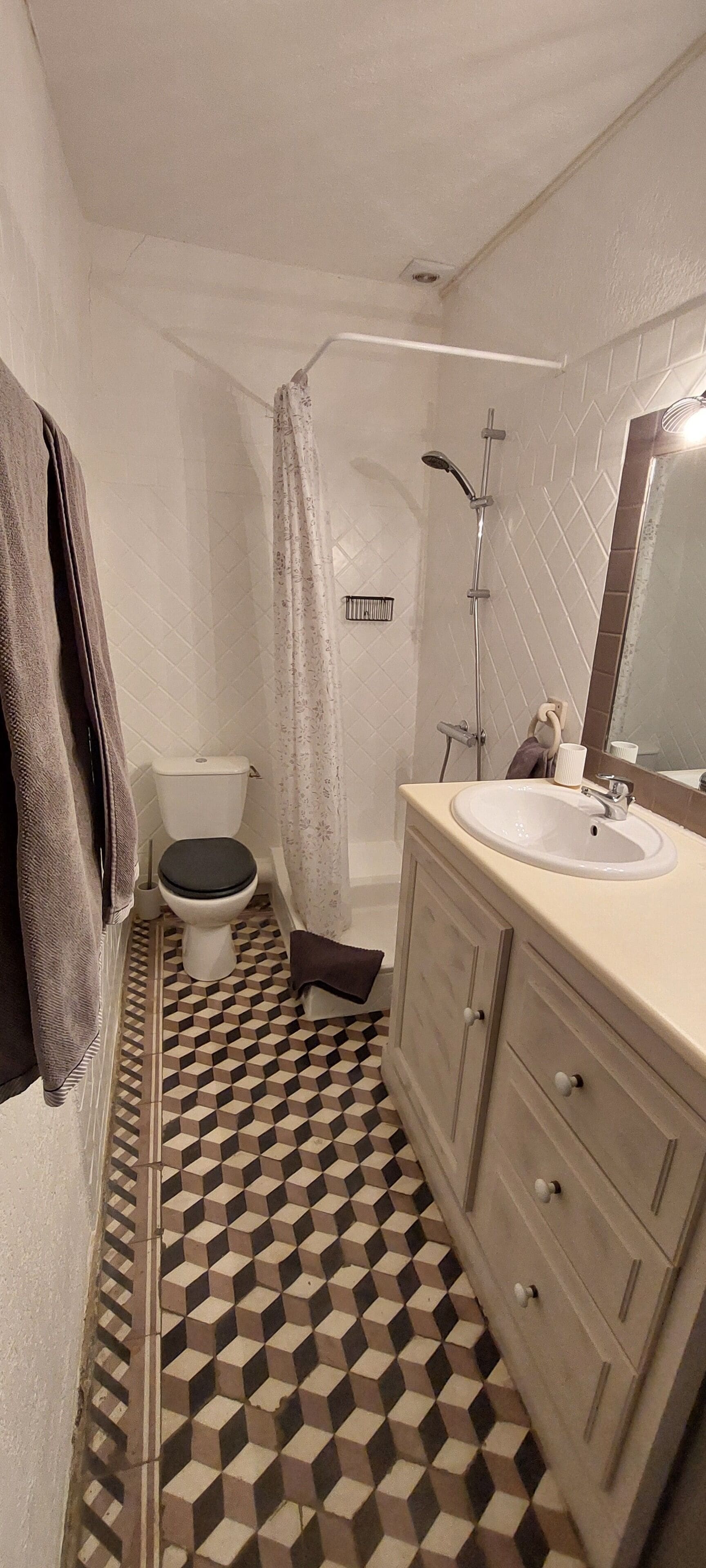 A bathroom with a toilet, shower, sink, and patterned floor tiles.