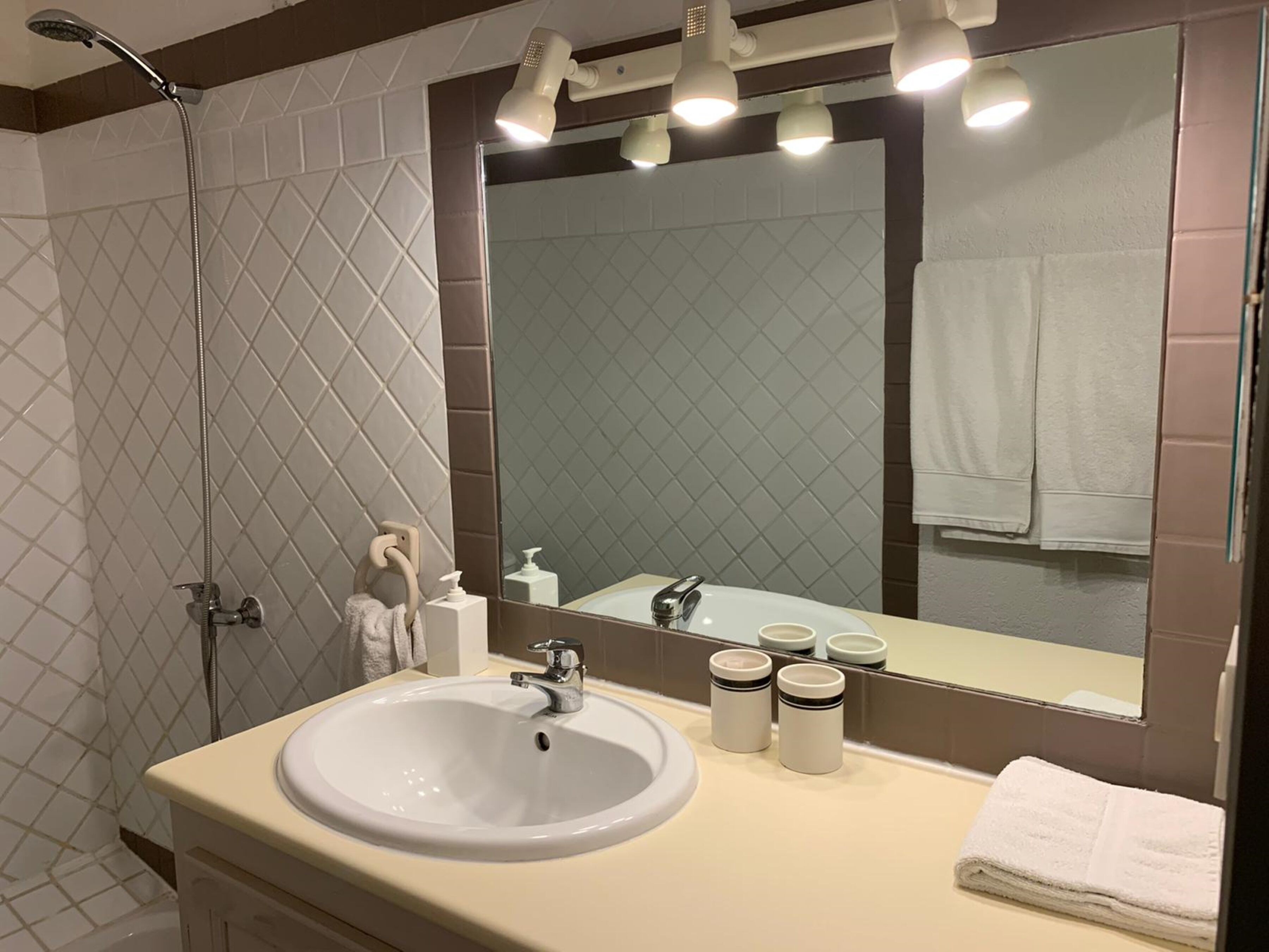 A bathroom with a white sink, a large mirror, and a shower.