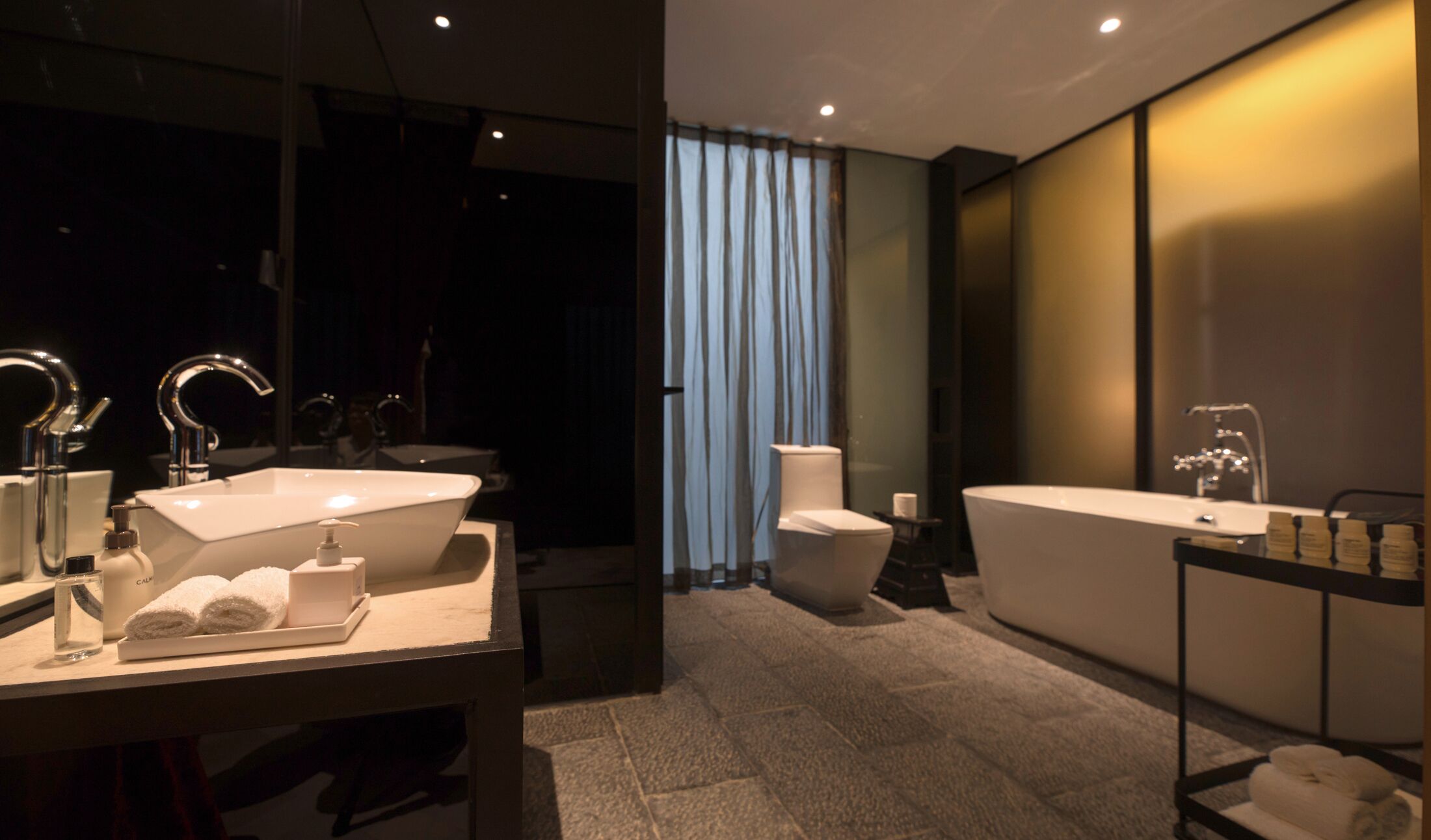 A modern bathroom with a large sink, a bathtub, and a toilet.