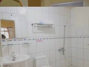 Shower, free toiletries, hair dryer, slippers