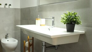 A modern bathroom with a white sink, a bidet, and a mirror above the sink. There are three small potted plants on the wall.