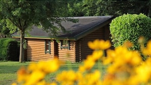 Eine Blockhütte mit grüner Dachbegrünung, umgeben von Bäumen und einem gepflegten Rasen.