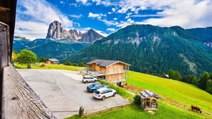 A mountain view with a wooden cabin, a parking area with cars, and a cow grazing. - Albergo Somont (Ortisei)