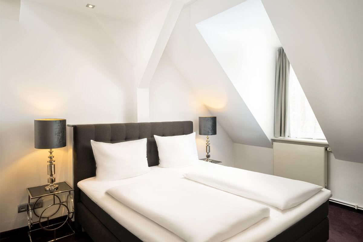 Una habitación de hotel moderna con una cama grande, dos lámparas de noche y un tragaluz.