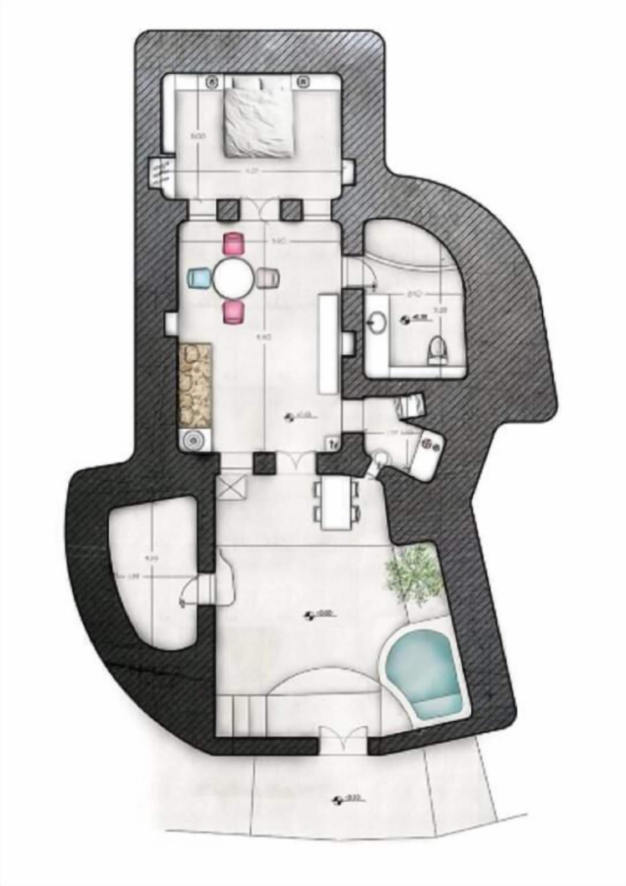 A floor plan of a hotel with a swimming pool, multiple bedrooms, a kitchen, and a living area.