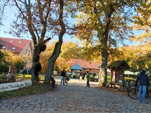 En gång av kullersten leder fram till en byggnad med ett rött tegeltak.