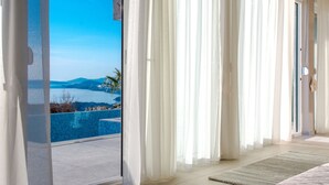 A room with a view of a pool and mountains.