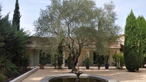 A courtyard with a fountain, surrounded by trees and potted plants. - Chambres D'hôtes Sous L'olivier (Montpellier)