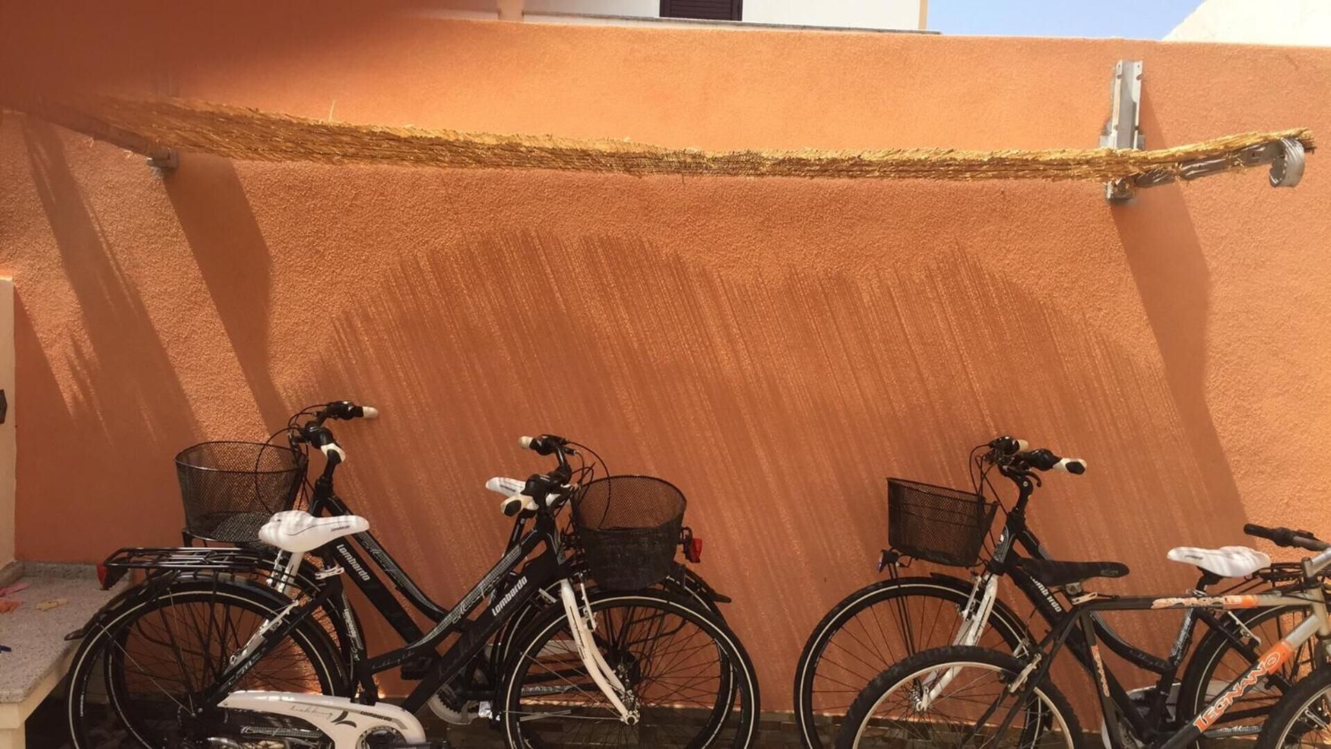 Three bicycles parked against a textured orange wall, each with a basket and a water bottle attached.