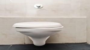 Des toilettes dans une salle de bain, avec une cuvette en porcelaine blanche, une poignée de chasse d'eau chromée et un mur recouvert de carreaux.