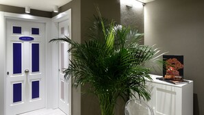 A reception area with a potted plant, a clear plastic chair, and a framed picture on a white console table. - Pensión Plaza Nueva (Bilbao)