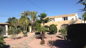 A courtyard with palm trees, a stone pathway, and a building with a tiled roof. - B&B Casa Pedramala (Benissa)