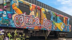 A colorful graffiti-covered train car with the text "Catch a Bird" visible. - Metro Hostel (Kyiv)