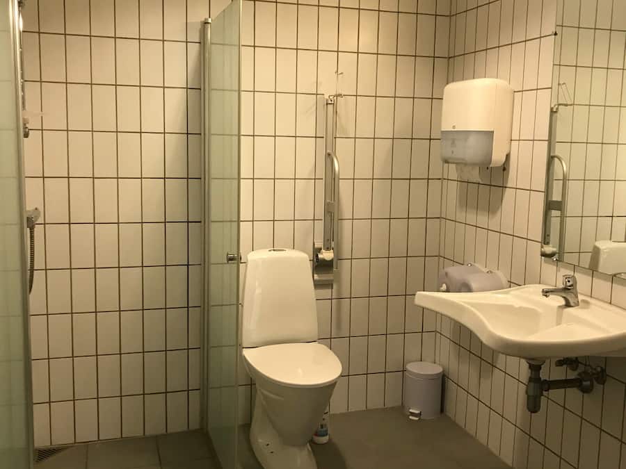 Een badkamer met toilet, wastafel en douche.