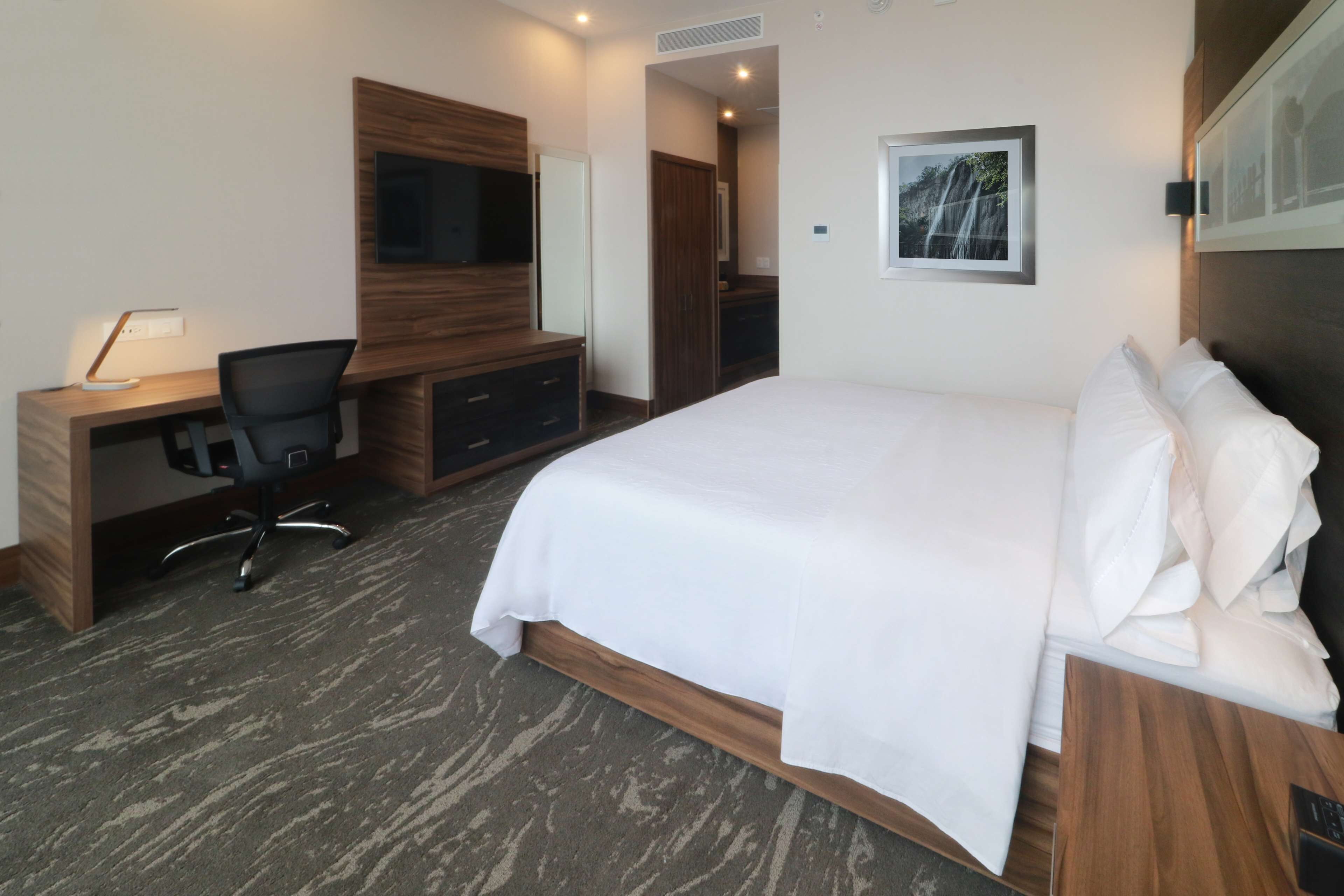 Habitación de hotel con una cama grande, un escritorio con silla, un televisor y un cuadro en la pared.