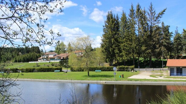 A serene lakeside park with a small building, benches, and trees.