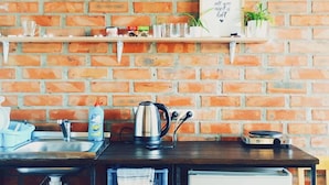 Cocina compacta con pared de ladrillo, un refrigerador pequeño, un lavabo y una estantería con plantas y utensilios de cocina.