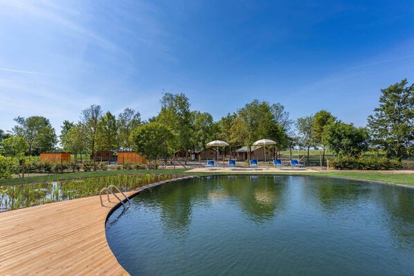 A swimming pool with a wooden deck, surrounded by trees and covered seating areas.