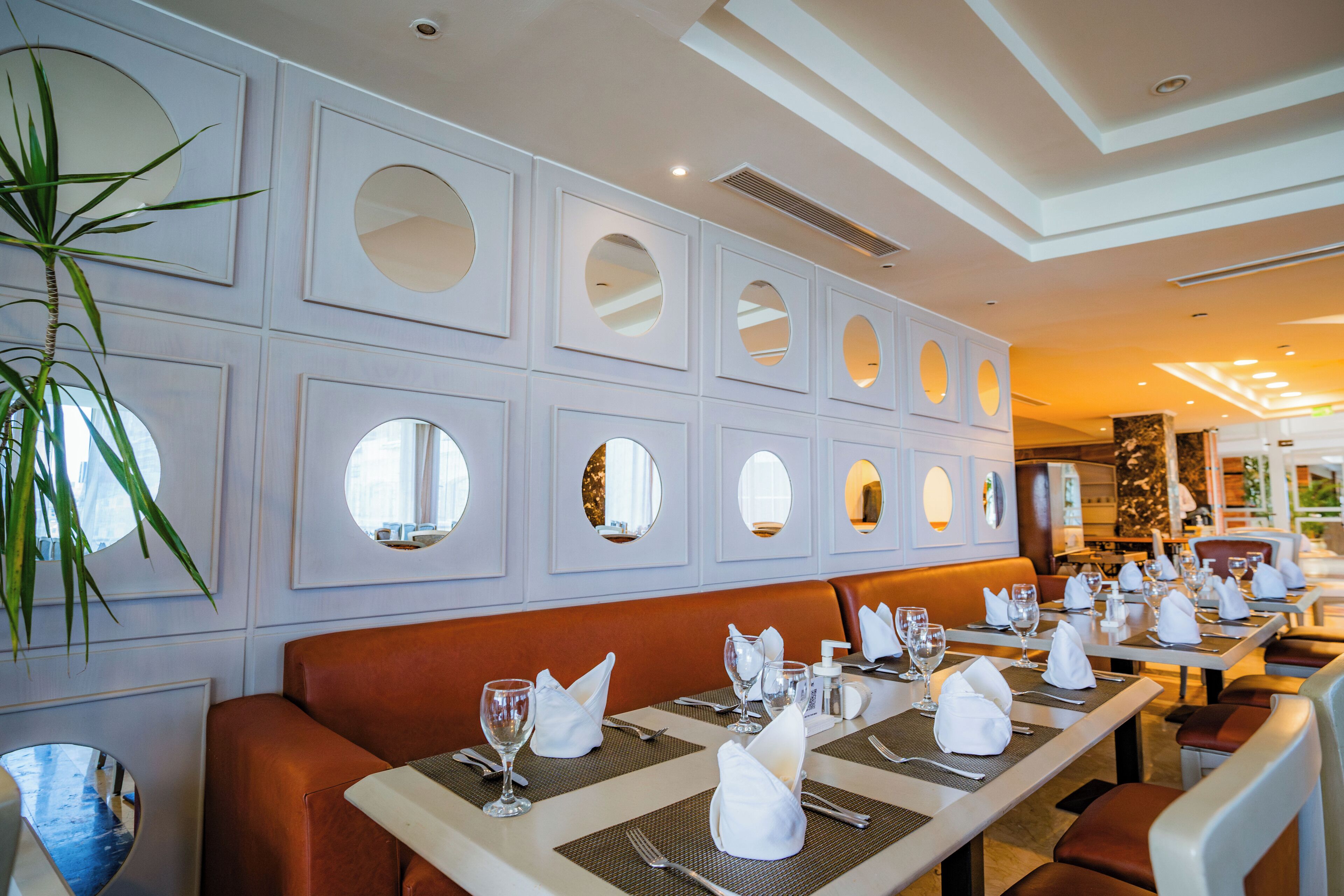 A restaurant with round mirrors on the wall, neatly set tables with white napkins, and a potted plant.