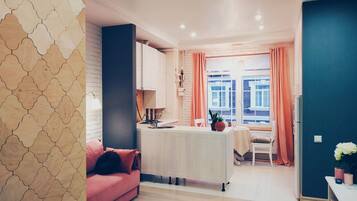 Apartment | Private kitchenette | Full-sized fridge, oven, stovetop, electric kettle