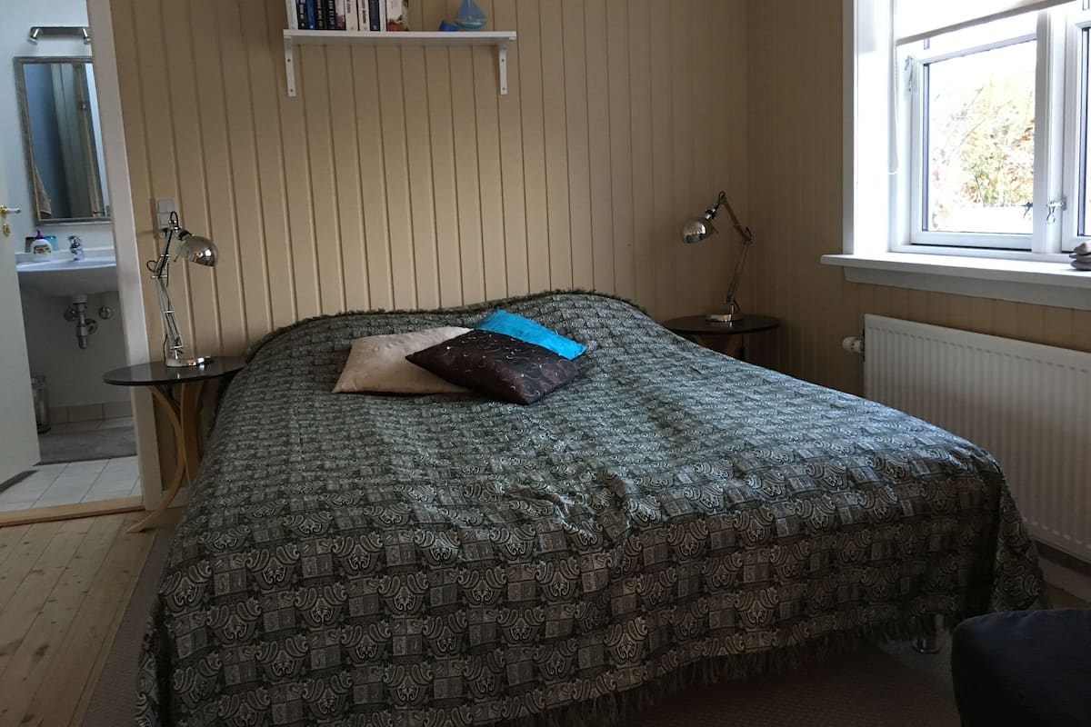 Un dormitorio con una cama, una mesita de noche con lámpara, una estantería con libros, una ventana y un baño visible al fondo.