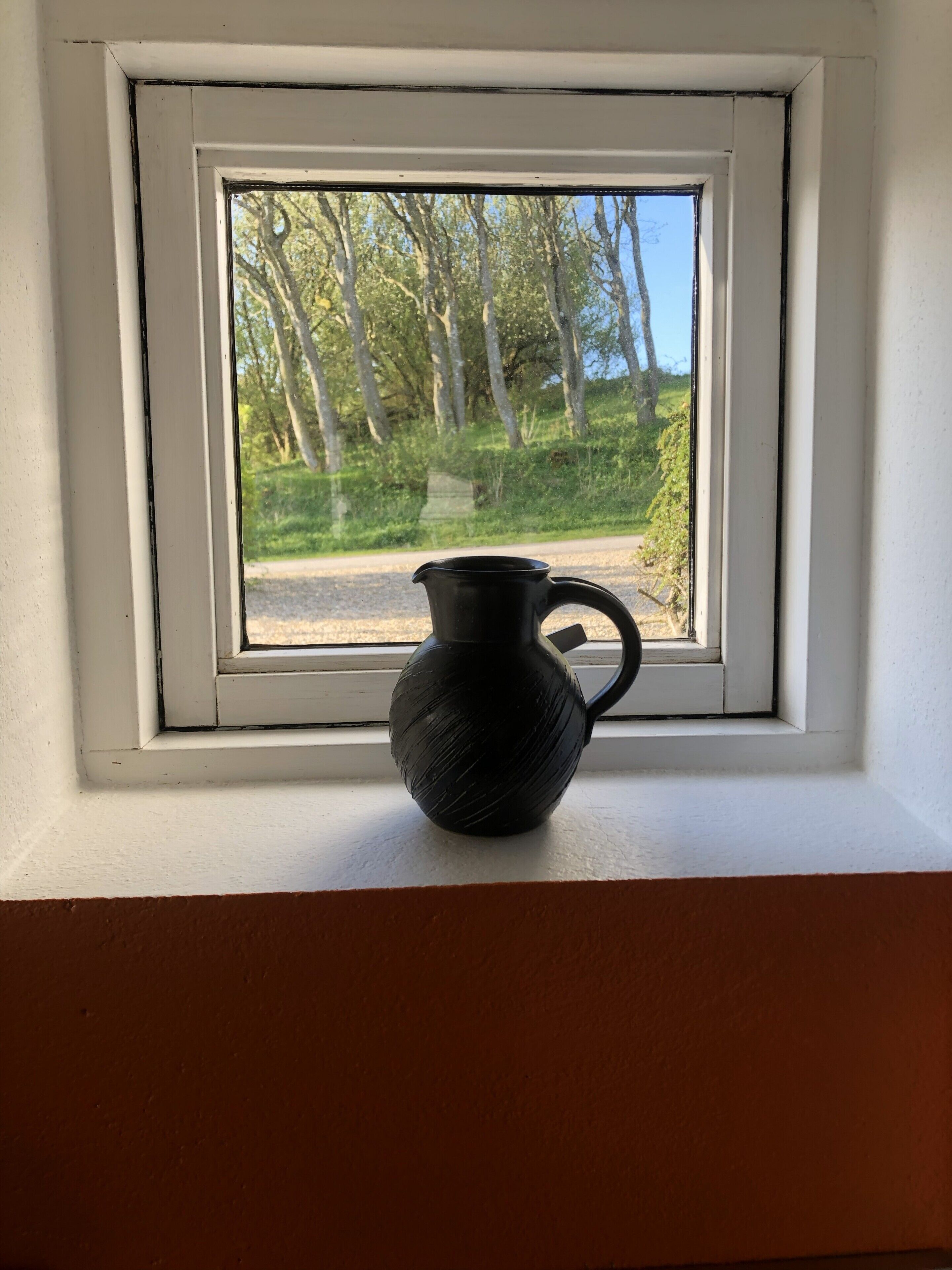 Un vase noir est posé sur un rebord de fenêtre, d’où l’on aperçoit des arbres et une route.
