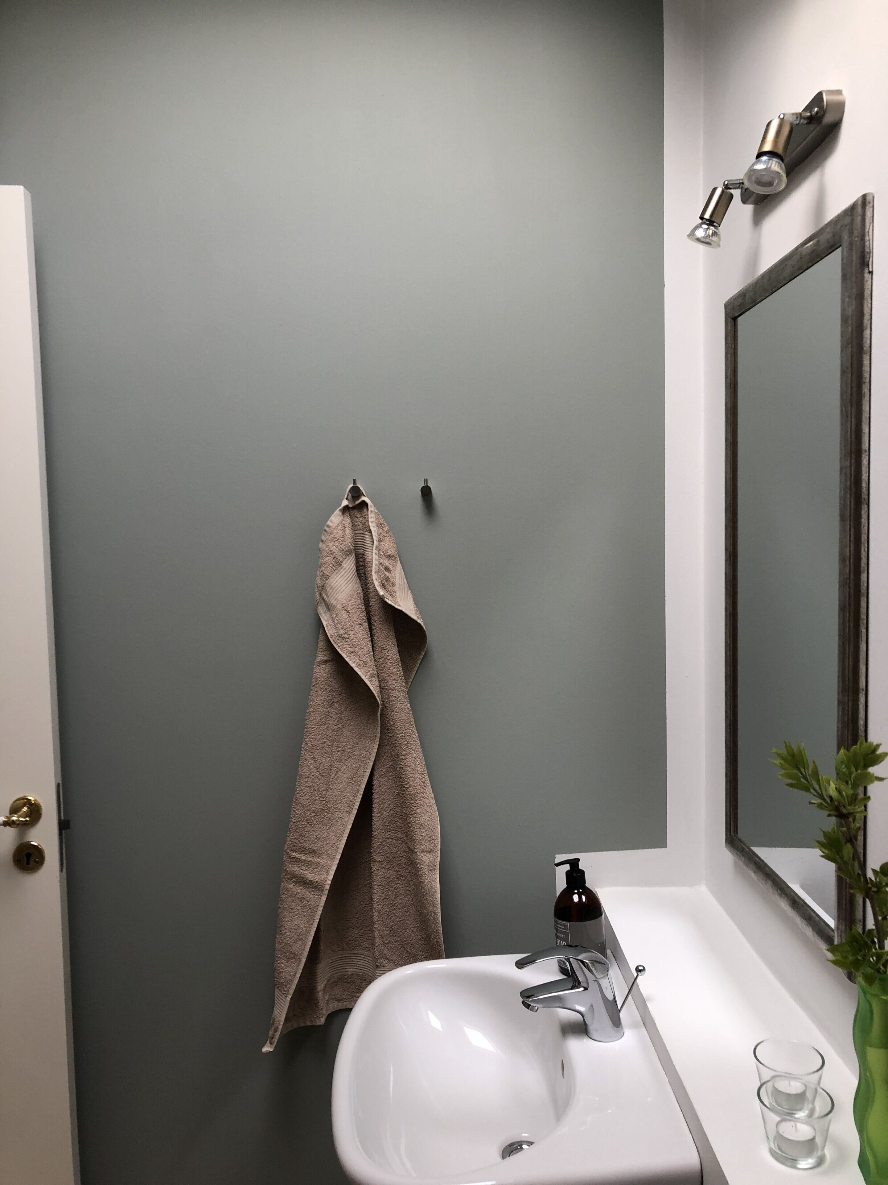 A bathroom with a white sink, a towel hanging on the wall, a mirror, and a small plant.