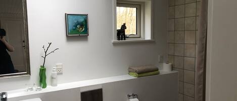 A bathroom with a sink, mirror, window, towel, toilet paper, and a shower curtain.