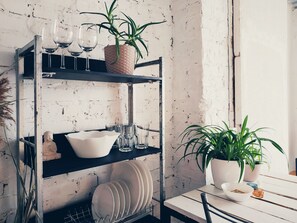 Signature Apartment | Private kitchen | Fridge, stovetop, coffee/tea maker, cookware/dishes/utensils - MalinaApt Bohemian Loft (Kyiv)