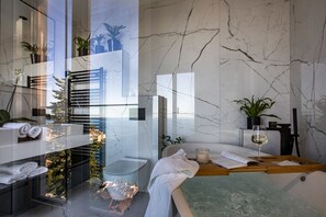 Bathtub, hair dryer, bidet, towels