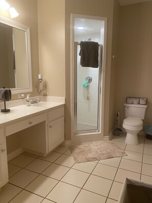 Combined shower/bathtub, jetted bath, hair dryer, towels