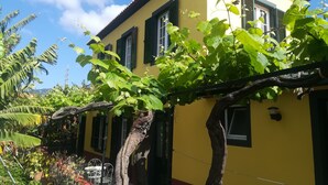A yellow building with green shutters, a vine-covered pergola, and a red and white tiled ground. - Casa da Avó Celina (Funchal)