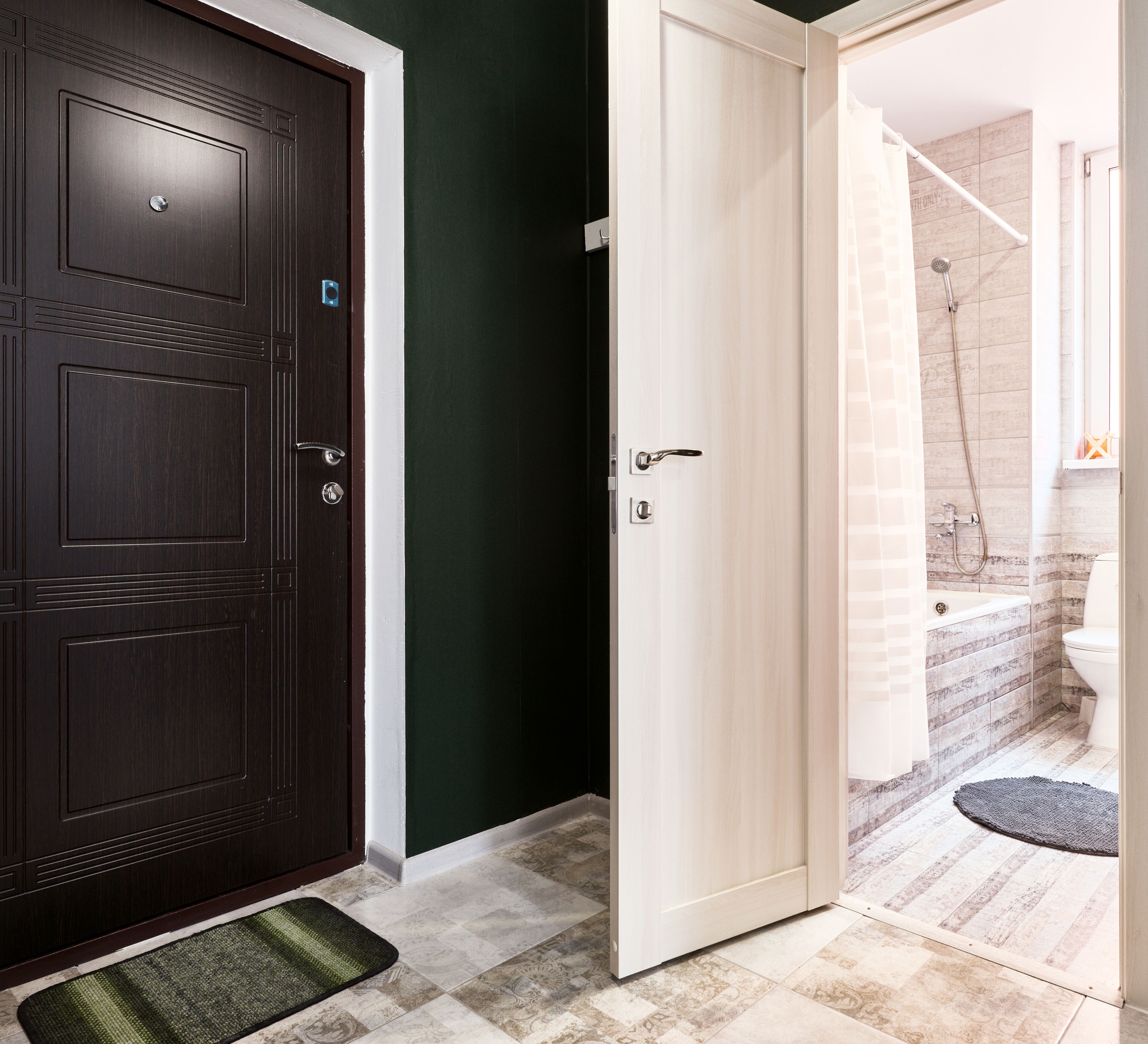 A hotel entrance with a dark wooden door, a green wall, and a bathroom visible through an open door.