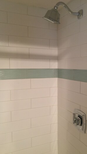 Combined shower/tub, hair dryer, towels, soap