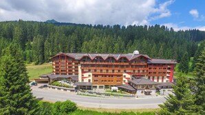A multi-story hotel with a red and beige facade, surrounded by lush greenery and a mountainous backdrop. - Carlo Magno Hotel Spa Resort (Pinzolo)