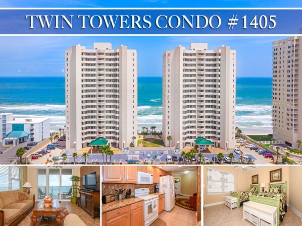 Enjoy ocean views from the balcony of this condo, featuring a well-equipped kitchen, living room, and bedroom.