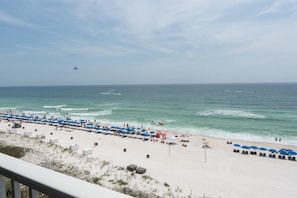 A beach with rows of umbrellas and beach chairs, a sandy shore, and the ocean.
