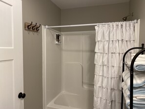 Hair dryer, towels, soap, shampoo