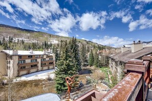 A hotel with a view of a snowy mountain, a river, and a forest.