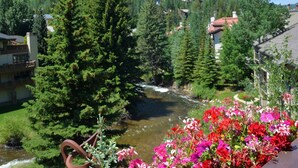 A river flowing through a forested area with houses on the right and a balcony with flowers in the foreground. - Vail VLG One Willow 3bd-rabus (Vail)