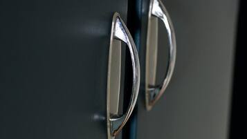 A close-up of a metallic handle on a dark-colored door.