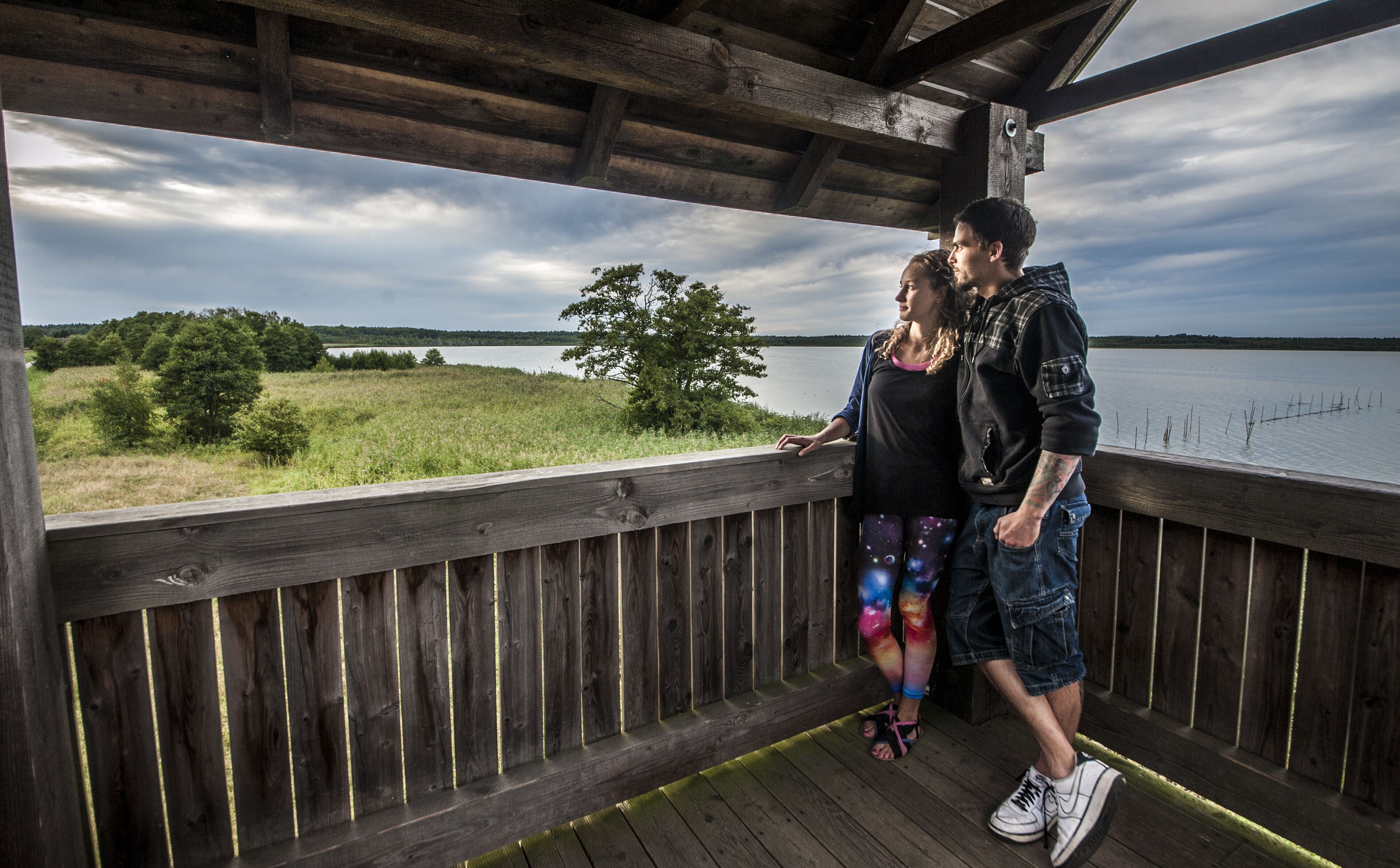 A wooden deck overlooking a lake with a grassy area and trees in the background.