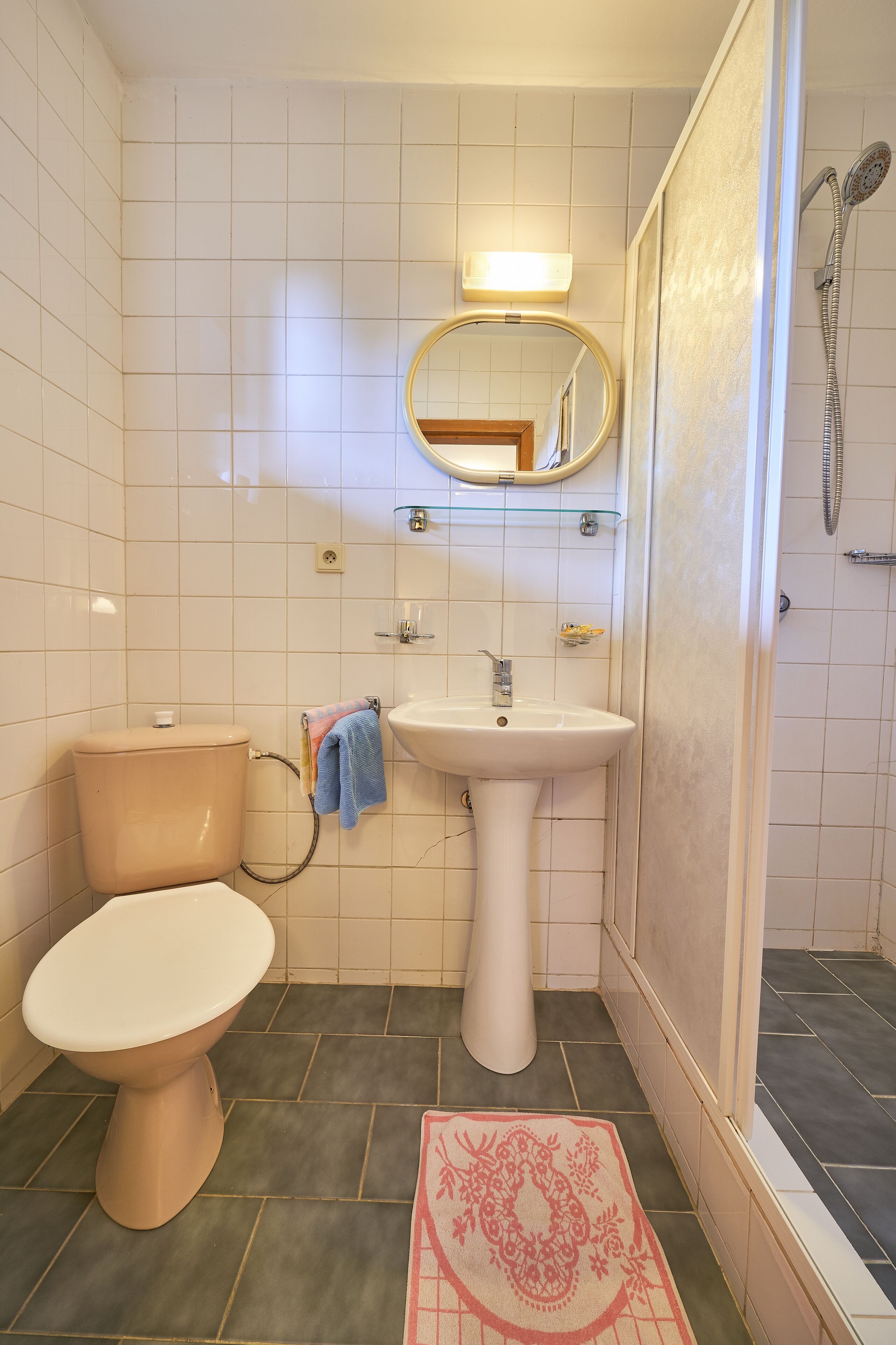 Une salle de bain équipée de toilettes, d’un lavabo, d’un miroir et d’une douche.