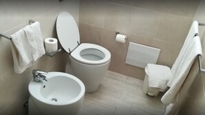 Ein modernes Badezimmer mit Toilette, Bidet, Waschbecken und Handtuchhalter.